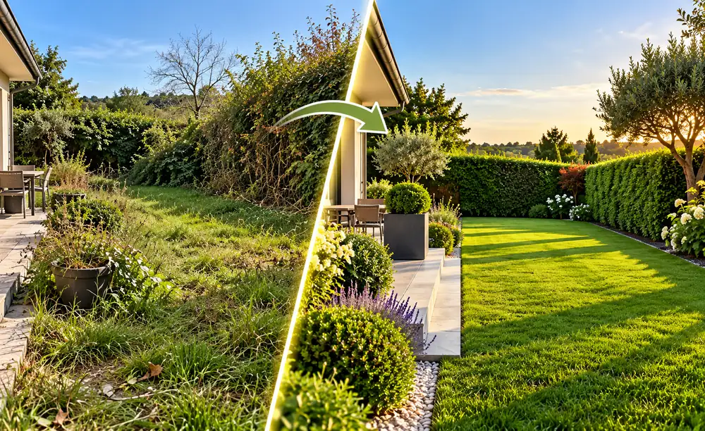 Illustration : un jardin envahi par les herbes hautes et les broussailles, puis le même jardin entretenu avec une pelouse nette et des haies taillées