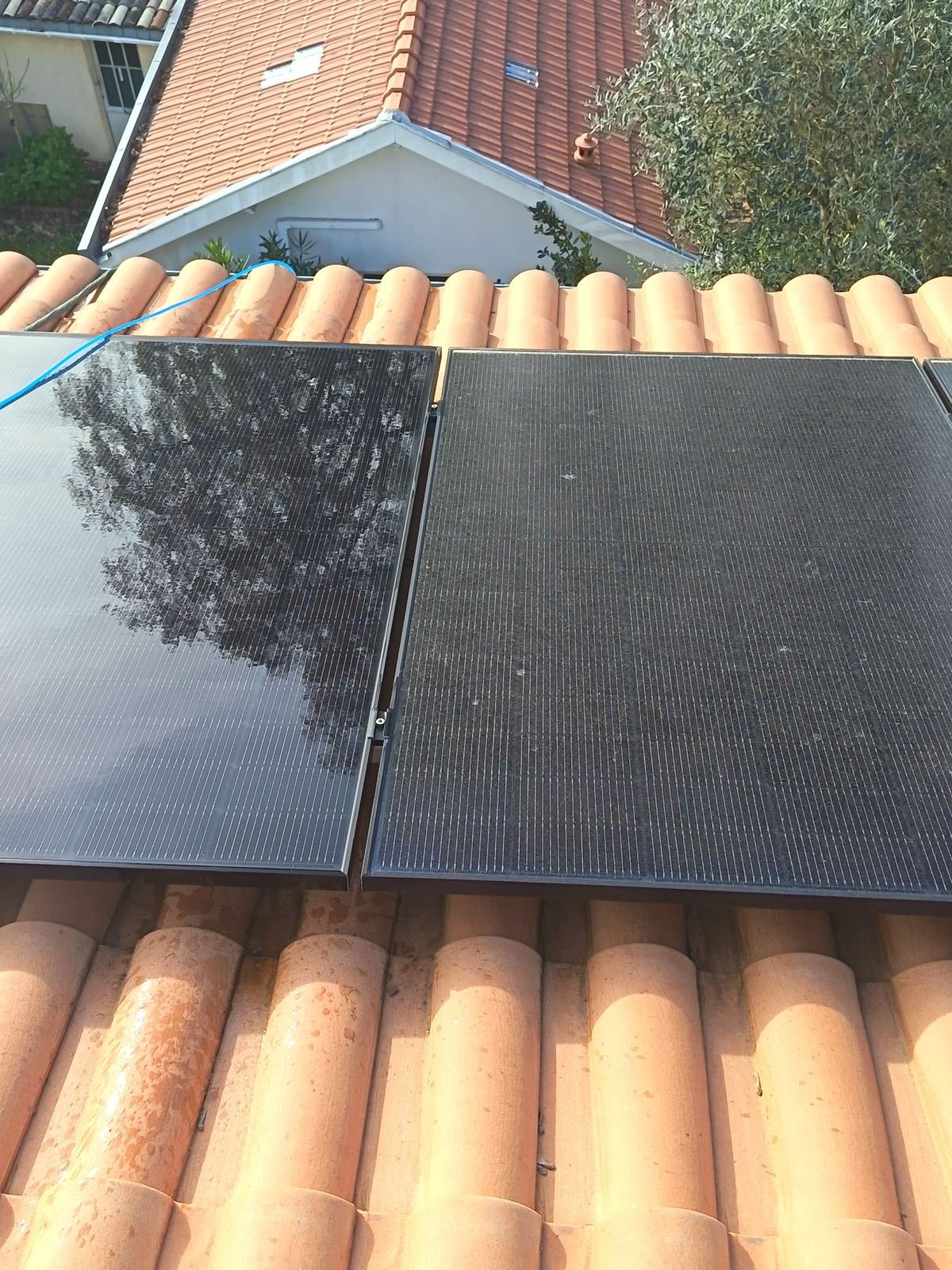 Avant après nettoyage de panneaux solaires à Bordeaux : reflet des arbres sur le panneau propre